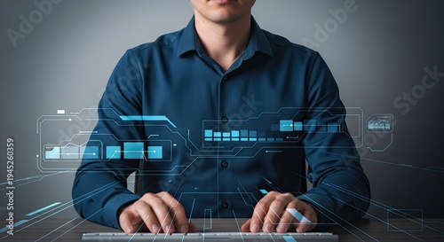 Man in blue shirt working on computer with futuristic interface