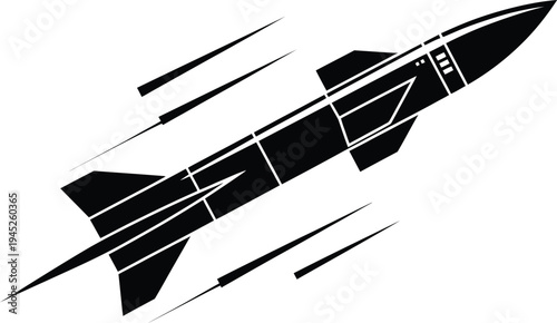 Rocket missile silhouette illustration, minimalist black and white vector of missile in motion for military aerospace launch design and defense technology concept.