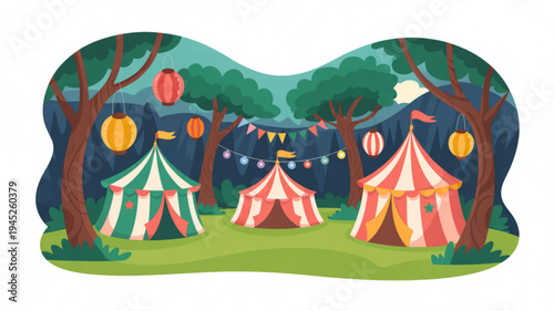 Colorful tents and lanterns in a festive forest campsite at dusk with trees and string lights
