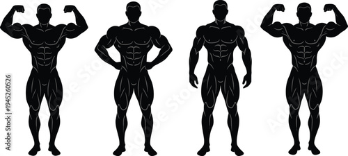 Set of Muscular Bodybuilder Silhouettes Showing Poses and Muscle Definition for Gym Fitness Center Branding Strength Training and Weightlifting Vector
