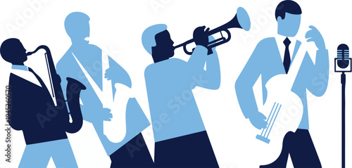 Silhouettes of a jazz band performing live on stage with instruments like saxophone, trumpet, guitar, and a vintage microphone, celebrating music and culture