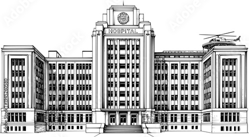 Modern Hospital Building Silhouette - Healthcare Medical Center and Emergency Facility Vector Illustration