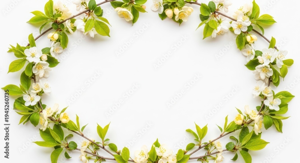 Fototapeta premium Spring Blossom Frame: A delicate frame of fresh, vibrant blossoms and lush green leaves, perfectly arranged to showcase the beauty of springtime.