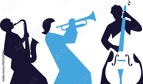 Silhouette of a jazz band performing with saxophone, trumpet, and double bass, celebrating music and culture with vibrant blue and black hues, perfect for events and promotions