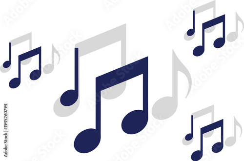 Collection of blue and white music notes creating a musical pattern with isometric perspective on a white background, perfect for graphic design projects