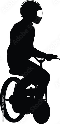 Unicycle rider silhouette icon, modern transport graphic, personal mobility symbol, helmet safety figure, black vector, white background