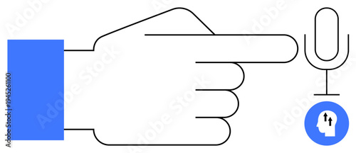 Voice recognition concept. Hand pointing at microphone indicating voice command activation and audio input. Voice recognition in technology, digital assistants, or smart devices. Great