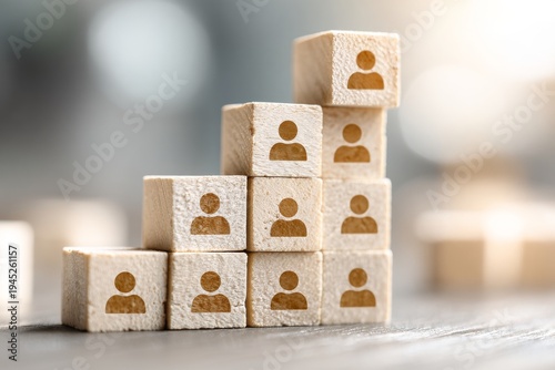 A stack of wooden cubes bearing people symbols, depicting the workforce composition, team expansion, and hierarchical layers within a corporate environment