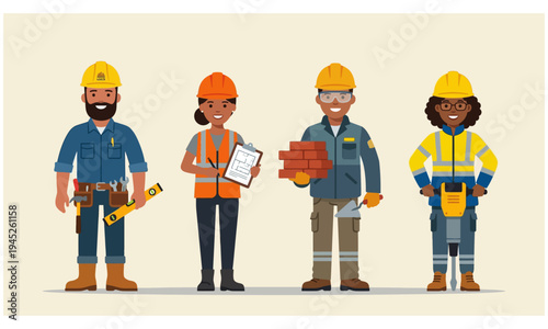 Diverse and Skilled Construction Team Illustrates Professionalism and Collaboration in the Building Industry with Modern Vector Art