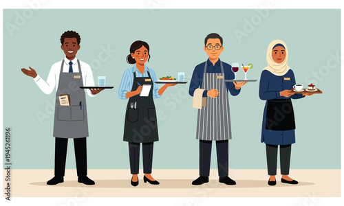 Professional and diverse team of waiters and waitresses providing high-quality hospitality service, carrying trays with various food and drinks