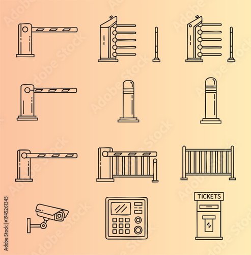 Collection of line icons depicting various barriers gates and security equipment in minimalist style