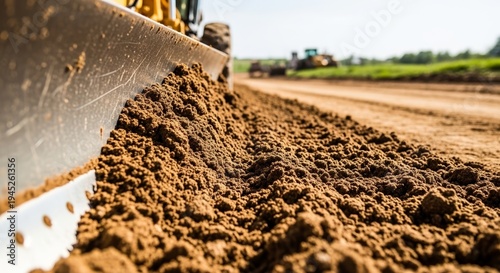 Road grader working on rural dirt road with freshly turned soil and machinery visible in background. Close-up of dirt and gravel being leveled creates ideal road surface.