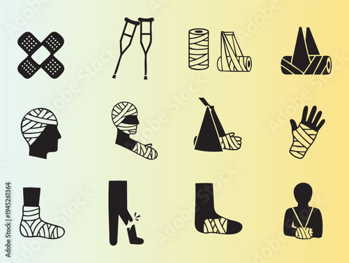 Collection of medical first aid icons featuring bandages splints and wraps for injuries