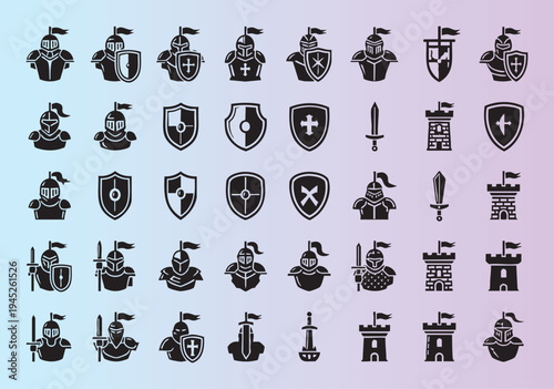 Collection of medieval knight icons with shields swords helmets and castles in flat style
