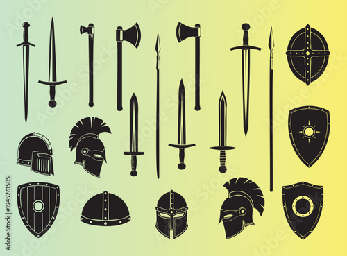 Collection of medieval weapons armor and shields with swords spears helmets isolated illustration