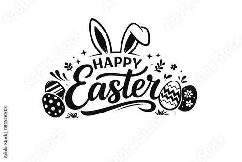 Happy easter decorative text with bunny ears and colorful eggs on a solid white background and no background