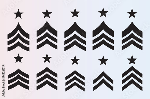 Collection of military rank insignia chevrons and stars arranged in neat rows