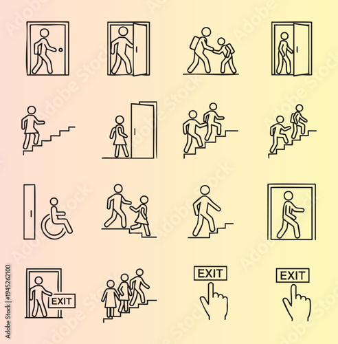 Collection of minimalist line icons depicting emergency exit and evacuation scenarios with people and directions
