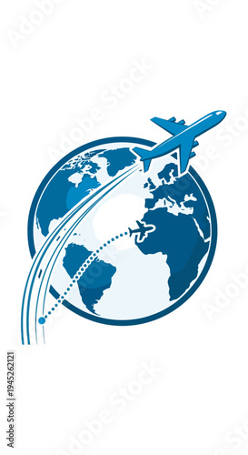 Airplane flying around the world globe.