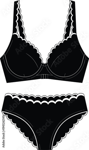 Black lace lingerie set, elegant women underwear, stylish bra and panties, feminine fashion undergarment illustration, classic intimate apparel design