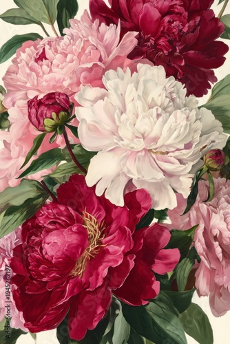 painting of peonies, with pink and red petals, green leaves, and a white background.