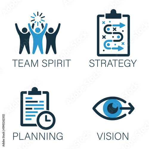 Team spirit strategy planning vision vector illustration set