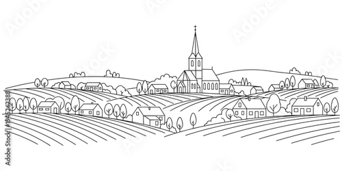 Black and white rural village landscape with church, houses, hills, trees, cultivated fields, countryside community design, flat vector illustration