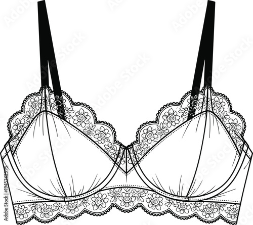 Floral lace bra lingerie, elegant women underwear, feminine intimate apparel, stylish fashion undergarment illustration, delicate lace bra design