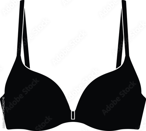 Black women bra, classic lingerie underwear design, minimalist fashion undergarment, female intimate apparel illustration isolated on white background