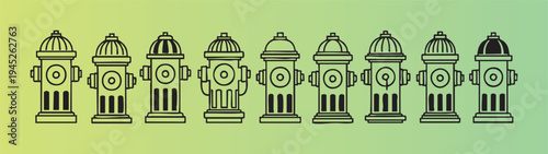 Collection of nine identical fire hydrants with different styles and designs lined up together