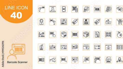 Barcode scanner line icon set, QR code reader, retail inventory management, product label tracking, warehouse logistics outline vector illustration design