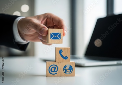 Businessman building communication blocks in modern office