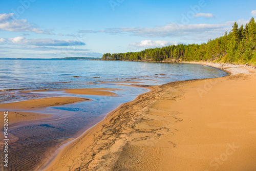Onega Lake sandy shore. Karelian landscape. Russia