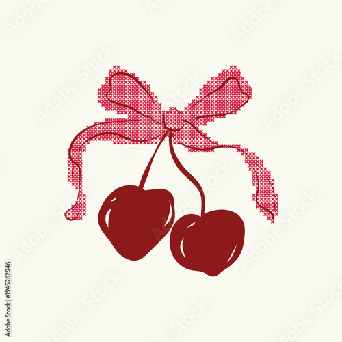 Obraz na plátně Retro Art style Cherry with cross-stitch Pixel style red Bow Coquette Aesthetic Illustration