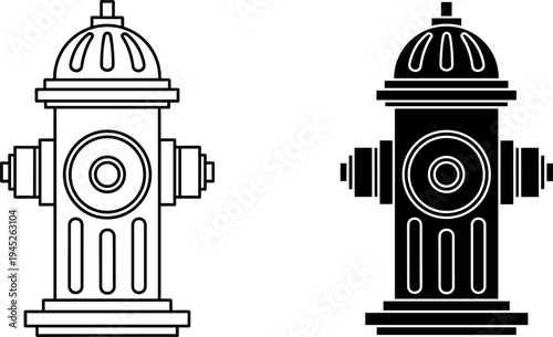 Fire hydrant vector set with outline and solid silhouette styles isolated on light background for safety and emergency design