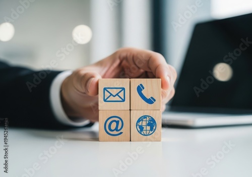 Businessman holding wooden blocks with communication icons on desk