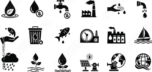 Collection of black and white icons related to oil water and industry