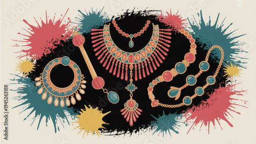 Colorful jewelry set with turquoise and pink gems on black background with paint splatters