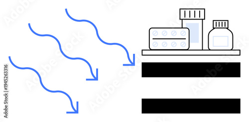 Blue airflow arrows near shelves with medicine bottles and blister packs, highlighting clean air systems. Ideal for healthcare, hygiene, pharmacy, air filtration, ventilation concepts, storage