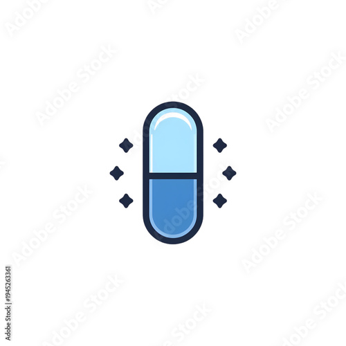 Minimalist blue vitamin capsule pill vector icon with sparkling elements isolated on white background for medical and healthcare supplement design