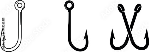 Fishing hook vector set with outline, solid, and crossed hooks isolated on light background for fishing sport design