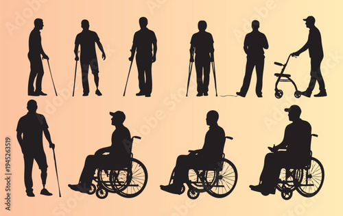 Collection of silhouettes showing people with mobility aids and disabilities in various poses and activities
