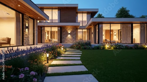 Modern luxury home exterior with a beautifully landscaped garden at dusk. Architectural design concept for an upscale residential property with elegant landscape lighting