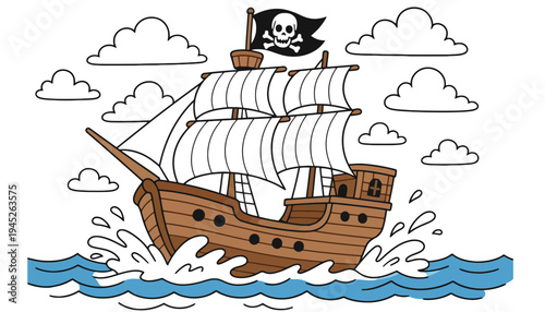 A pirate ship sailing on the ocean with a skull flag