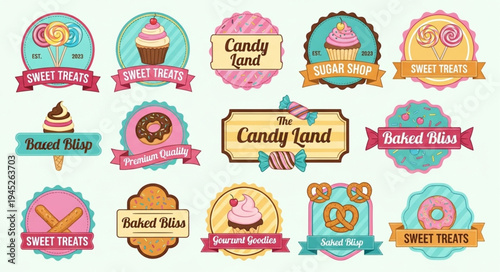Collection of vintage candy and dessert shop logos and emblems.