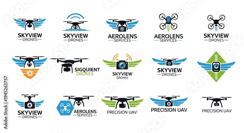 Collection of drone logos and icons for aerial photography and videography services.