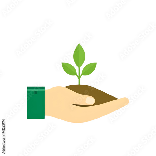 Flat vector icon of a hand holding a small green seedling in soil for environmental protection and sustainability concept