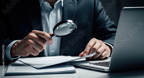 Businessman investigating documents with magnifying glass