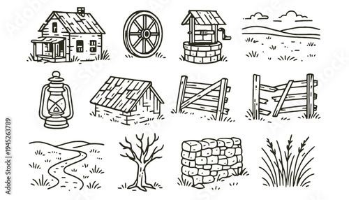 A rustic farmhouse vector illustration set with countryside elements and scenery