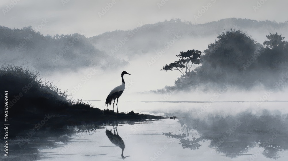 Obraz premium Cranes stand near a foggy water body at dawn with trees and a misty landscape in the background